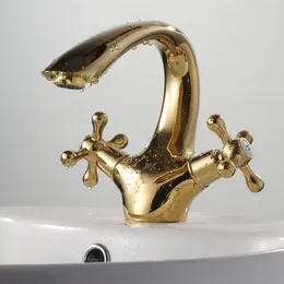 Bathroom Sink Faucets European Style Brass Gold-plated Basin Faucet & Cold Mixer Tap Double Handle Single Hole Golden Taps