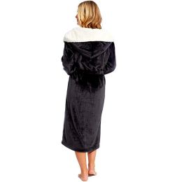 Thick Women Warm Bathrobe Robe Solid Hooded Warm Ladies Dressing Gown Long Sleeve Fleece Pockets Flannel Bath Robes For Female