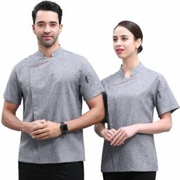 wholesale Kitchen Work Clothes Thin Summer Clothing Breathable Cool Star Hotel Men and Women Same Grey Linen Chef Uniform K3aM#