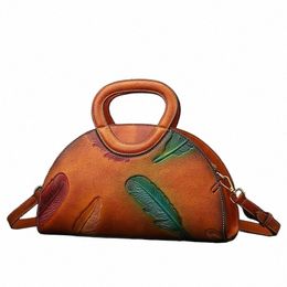 johnature Retro Women Bag Genuine Leather Feather Embossed Luxury Handbag Natural Soft Cowhide Versatile Ladies Shoulder Bags U5EE#
