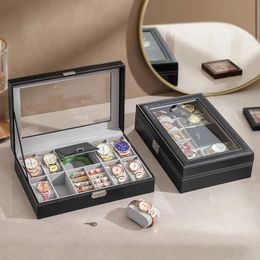 Watch Box 8 Jewellery Display Case Organiser Trey Storage Black PU Leather with Mirror and Lock 240327