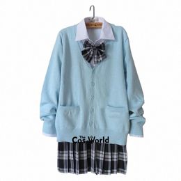 preppy Style Student Class Japan JK High School Uniform Winter Blue V-Neck Cardigan Black White Pleated Skirt Suits f8XU#