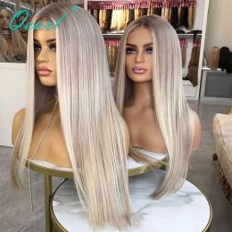 Brazilian Real Hair Full Lace Wigs 32" Long Human Hair Wig Ombre Ash Blonde Highlights Straight Lace Frontal Wig Light HD Qearl
