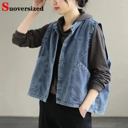 Women's Vests Casual Spring Summer Denim Jackets Korean Sleeveless Jean Coats Vintage Womens Oversize 75kg Chalecos Chic Pockets Waistcoat