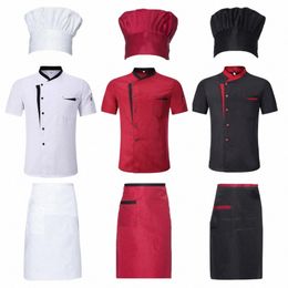3pcs/set Unisex Hotel Kitchen Chef Uniform Jacket Hat Apr Set Stand Collar Short Sleeve Restaurant Cooking Shirt Works Clothes Q7DV#