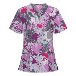 Women Scrub Top With V-Neck Floral Print Scrub Uniforms Nurse Scrub Tops For Women Short Sleeve Blouse Healthcare Tunic A50