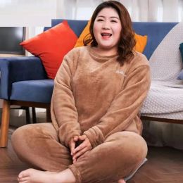 Plus Size 6XL Women 140kg Winter Warm Coral Fleece Pajamas Sets Long Sleeve Top Pants Suit Sleepwear Female Flannel Sleepwear