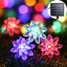 Solar Garlands Light 7m 50leds Lotus Peach Flower Solar Lamp Power LED String Fairy Lights Garden Wedding Decor for Outdoor