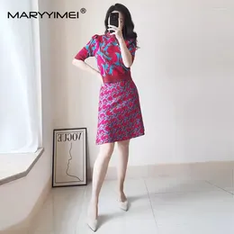 Work Dresses MARYYIMEI Fashion Designer Women's 2024 Spring Knitted Jacquard Short-Sleeved Short Top A-Line Half Skirt 2-Piece Set