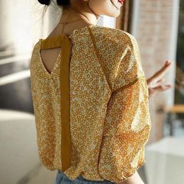 Women's Blouses Casual Broken Flowers Printed Blouse Female Clothing Round Neck Stylish Folds Drawstring Summer Commute Short Sleeve Loose