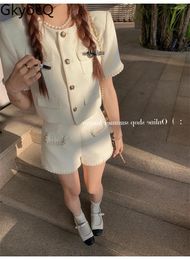 Women's Tracksuits GkyocQ Korean Fashion Women Two Piece Sets Short Sleeve O Neck Tweed Jacket High Waist A Line Shorts Female Suit