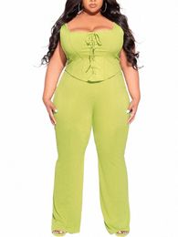 qfaf Elegant Plus Size Green Women's Set Lace Up Tank Top and Wide Leg Straight Pants Tracksuit Two 2 Piece Set Workout Outfits P1bo#