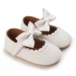 Baby flicka vit dop skor spädbarn småbarn bowknot non-halp gummi mjukstol platt pu första vandrare nyfödda bågdekor Mary Janes