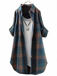 plus Size Women's Casual Plaid Butt Print Lg Sleeve Shirt Blouse t9Pm#