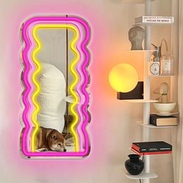 1pc Long Wall Decor Sign, Wave Pattern Border Decorative Mirror with Adjustable Neon Light, Exquisite Gifts for Women Girls, Shop Office Studio Decoration,