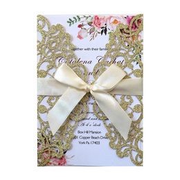 50pcs Laser Cut Glitter Wedding Invitation Card With Ribbon Envelope Greeting Cards Customized Wedding Decoration Party Supplies 240328