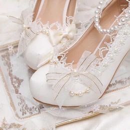 Dress Shoes White Lolita Flower Bridal High Heels Lace Bow LO Pearl Round Head Shallow Mouth French Girl Single