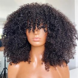 Mongolian Afro Kinky Curly Human Hair Wigs with Bangs Short Brazilian Remy Human Hair Machine Made Wigs for Black Women Glueless