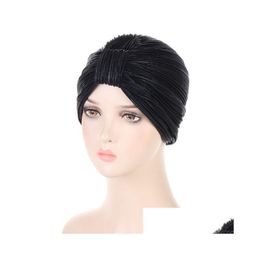 Beanie/Skull Caps New Women Turban Hats - Solid Ruffle Drill Knotted Pre Tied Chemo Beanies Headwraps Grate For Head Er Drop Dhgarden Dhyne