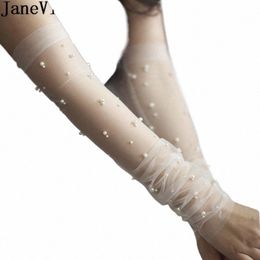 janevini 50CM Bridal Sheer Tulle Gloves DIY Lg Wedding Gloves for Bride Ivory Pearls Decorati Fingerl Bridal Party Gloves I6Oc#