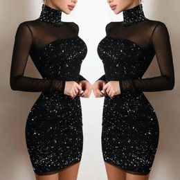 Women Mini Dress Sexy Lace Long Sleeve Slash Neck Turtleneck Night Club Party Bodycon Elegant Princess 240329