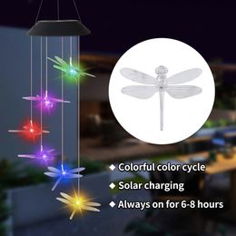 Solar Wind Chime Lamps Colorful Dragonfly Windbell Pendant Light Waterproof Outdoor Hanging Decorative Lights for Home Garden