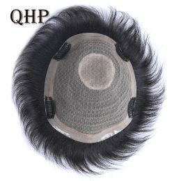 QHP Men Human Hair Toupee Swiss Lace Men's Wig Durable Capillary Prosthesis Handmade Indian Human Hair Clips Replacement System