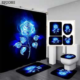 Shower Curtains Blue Rose Black Curtain Flowers Leaves Bathroom Flannel Rugs Toilet Lid Cover Bath Mats Set Anti-slip Carpet