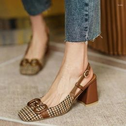 Dress Shoes Retro Plaid Sandal Medium Block Heels Chunky Designer Mirror Luxury Sandals Woman Summer Brands Women's Trend 2024 Roman