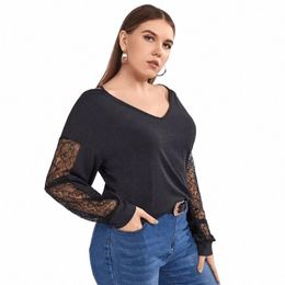 plus Size Casual Blouse Women Sexy V-neck Lace Patchwork Drop Shoulder Lg Sleeve Elegant Fi Spring Top T-shirt Female 6XL w7Sc#