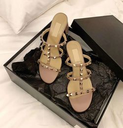 Designer Women Sandals Summer Luxury High Heels Round Head Studded Slippers Soft Leather 6cm Thick Nude with Black and Gold Casual Dress Shoes