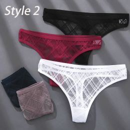 2PCS/Set Lace Sexy G-String Thongs Transparent Women's panties Low-Waist Female Underpants Mesh Perspective Briefs Lingerie M-XL