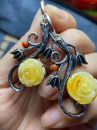 Dangle Earrings 10pcs/lot Natural Amber Flower Drop The Carving Is Exquisite Peony Flowers S925 Silver South Red Agate Embellished Gitf