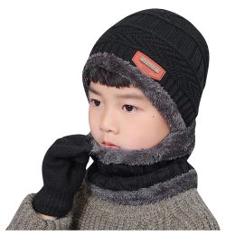 Kids New Outdoor Ski Cap Scarves Solid 3 Piece Sets Boy Girls Warm Plush Hat Child Winter Knitted Hat And Scarf Gloves Set