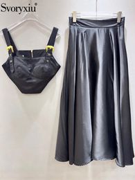 Work Dresses Svoryxiu Fashion Designer Summer Party Black Long Skirt Suit Women Sexy Backless Ultrashort Camisole A-Line Slim Big Swing