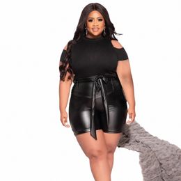 cm.yaya Active Plus Size Women Two 2 Piece Set Outfits 2022 Summer T-shirt and Leather Shorts Matching Set Ses Tracksuit Q3AC#