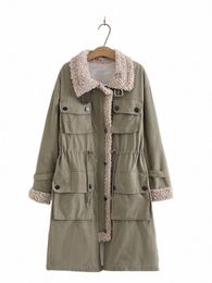 Plus Size Damenbekleidung Lg Ärmel Winterjacken Revers Faux Fleece Patch Tasche und Gürtel Dekorieren Mantel Hochwertiger Mantel D27F #