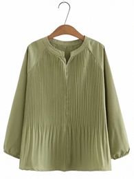 plus Size Women's Shirt Thin Spring And Autumn Falling Shoulder Sleeves Lg-Sleeved Pleated Chiff Top Loose N-Stretch Shirt O3FX#