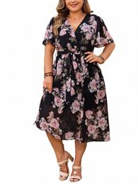 gibsie Plus Size Surplice Neck Butterfly Sleeve Belted Dr Women Holiday Floral Print A-line Boho Summer Lg Dres 2024 New 69yZ#