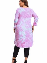 plus Size Lg Sleeve All Seas Casual Tunic Tops Women Lg Loose O-Neck Tie-Dyed Pink Blouse Female Large Size T-shirt 5XL K7ER#