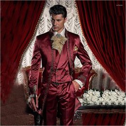 Mens Suits Blazers Wine Red Bury Satin Men Suit Stand Collar Vintage Italian Style Formal Tuxedos For Costume Homme Mariage Drop Deliv Dhjsz