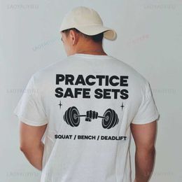 Men's T-Shirts Exercise Safety Set Gym Fun Printed T-shirt Pump Cover Exercise T-shirt Weightlifting Mens Cotton Shirt J240330