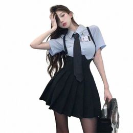 european American Style Girls Hotsweet Strap Dr Black Pleated Dr Blue Shirt Women's Summer New Academy Uniform Set S-4XL P8v1#