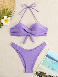 Women's Swimwear Bikini Sexy Women Swimsuit 2024 Solid Halter Bikinis Set Thong Ruched Lave Up Bathing Suit Summer Beach Female Wear