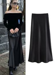 Aonibeier Summer Party Women Satin Skirt Traf Elastic High Waisted ALine Casual Office Female Maxi Long Skirts Y2K Black 240326