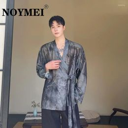 Men's Casual Shirts NOYMEI Summer Chinese Ink Painting Style Lace Up Long Sleeved Sexy Transparency V-neck Male Top WA4224