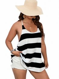 plus Size Tank Top Casual, V-neck Plus Stripe Print Micro Elastic Camo Top for Women 5163#