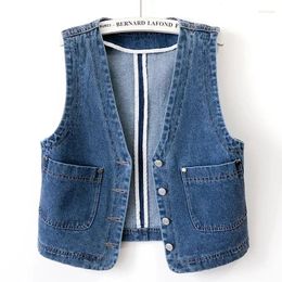 Women's Vests Spring Autumn Fashion White Denim Vest Women V Neck Pocket Waistcoat Slim Short Sleeveless Jacket Korean Jeans Coat Female