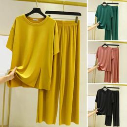 Home Clothing 2 Pcs/Set O-neck Short Sleeve Pajamas Set Side Split Elastic Waistband Wide Leg Women Ice Silk Ribbed T-shirt Pants Homewear