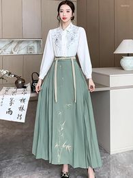 Casual Dresses Women Autumn Winter Fashion Elegant Luxury Dress Suits 2024 White Embroidery Polo Shirts Green Pleated Skirt Two Piece Sets